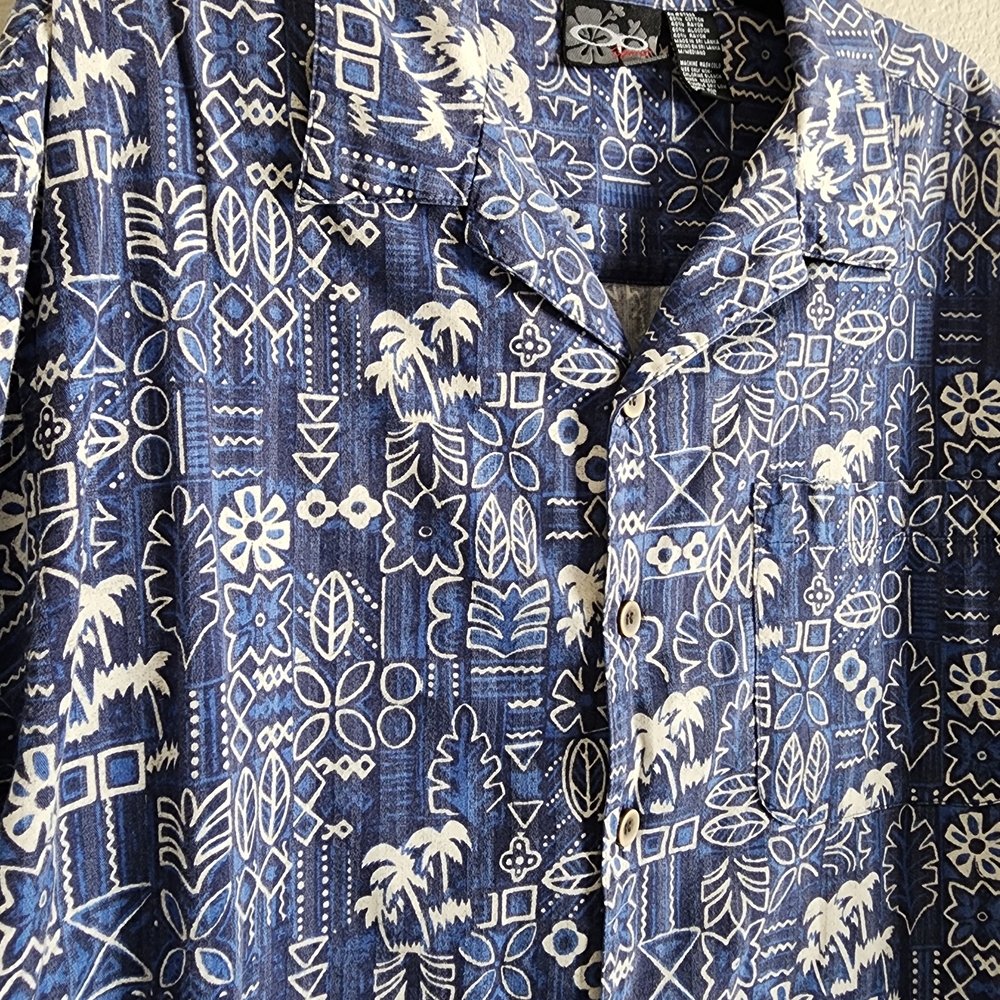 Vintage 90s OP Sport Ocean Pacific Blue White Hawaiian Aloha Shirt Mens M